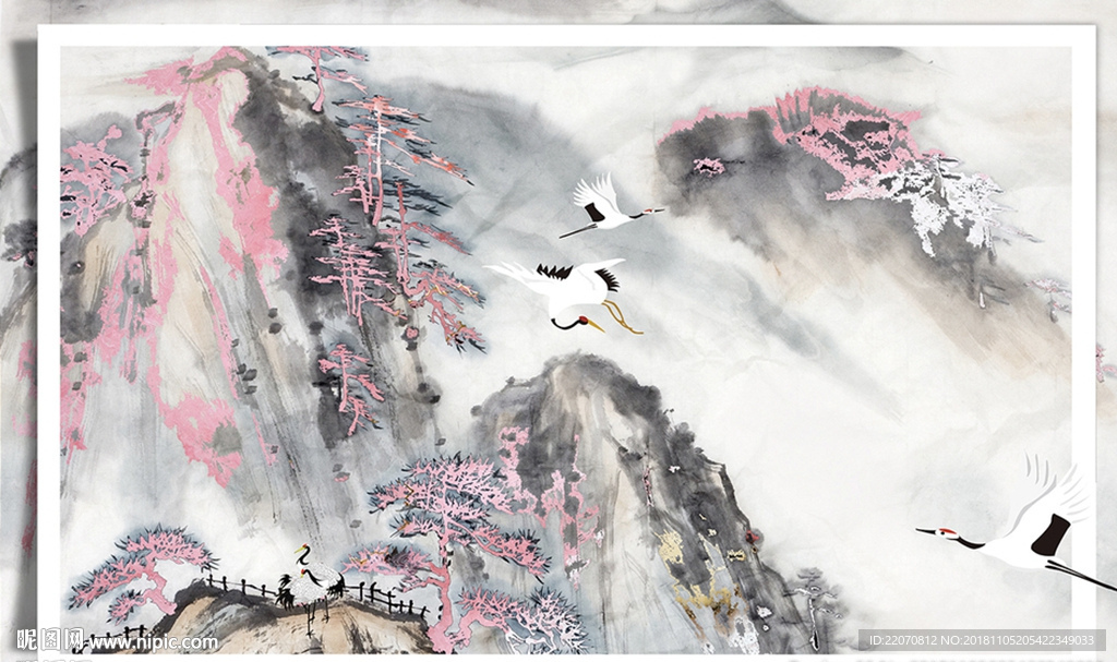 新中式粉色创意山峦背景墙