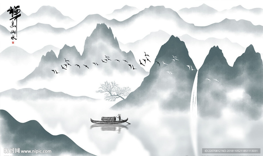 新中式禅意水墨山水手绘背景墙