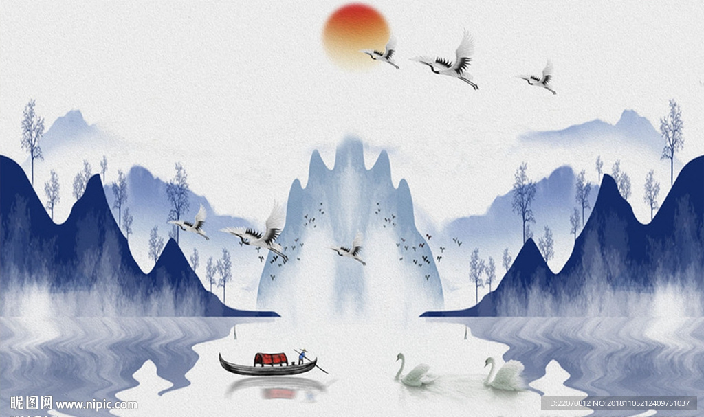 现代手绘山水水墨白鹤背景墙