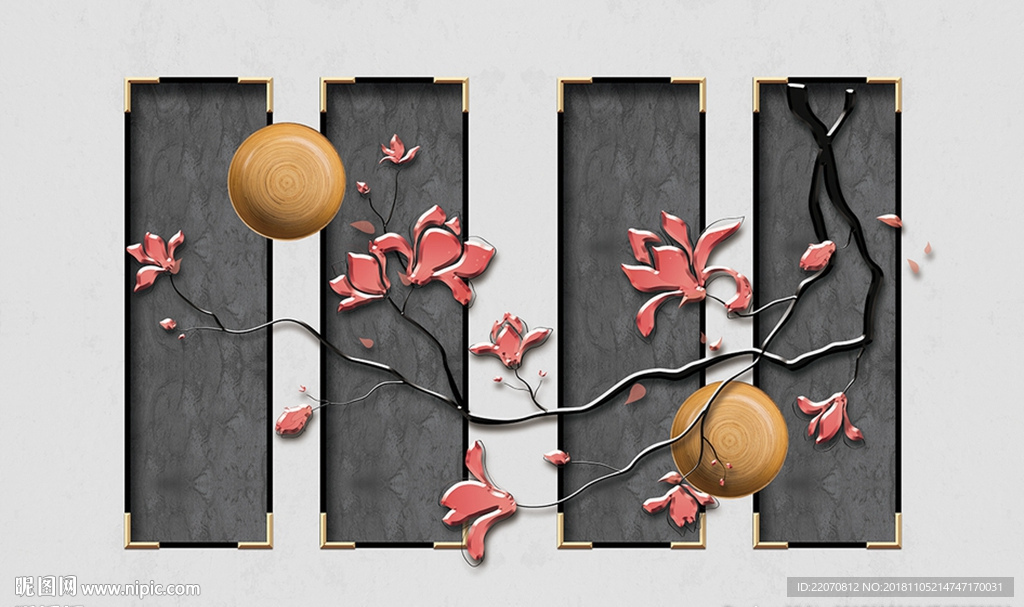 现代花朵花枝盘子铁艺背景墙