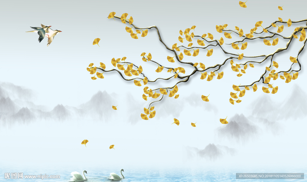 新款银杏叶花鸟图背景墙