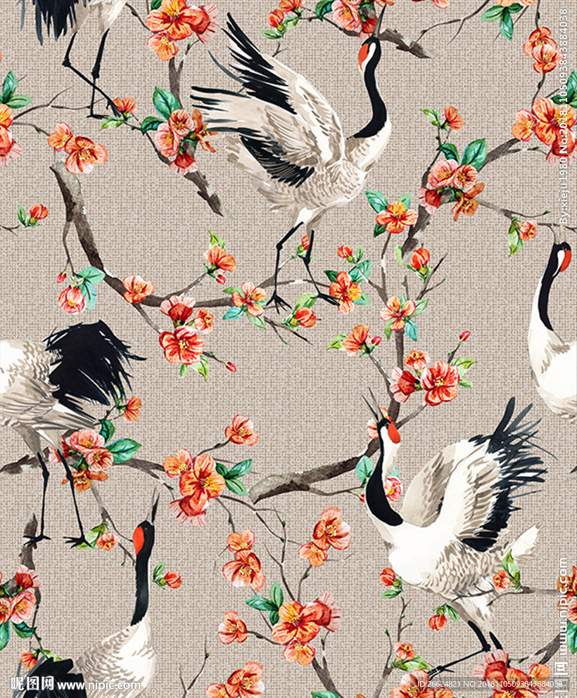 手绘水彩梅花白鹤鸟服装图案
