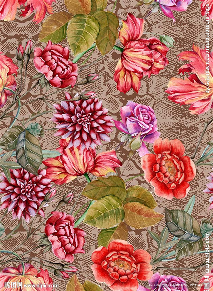 手绘水彩花卉蛇纹服装印花图案
