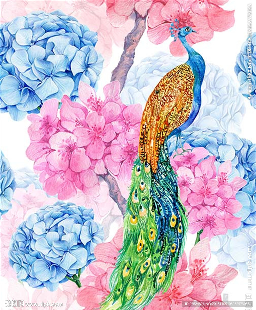 手绘水彩花卉孔雀服装印花图案