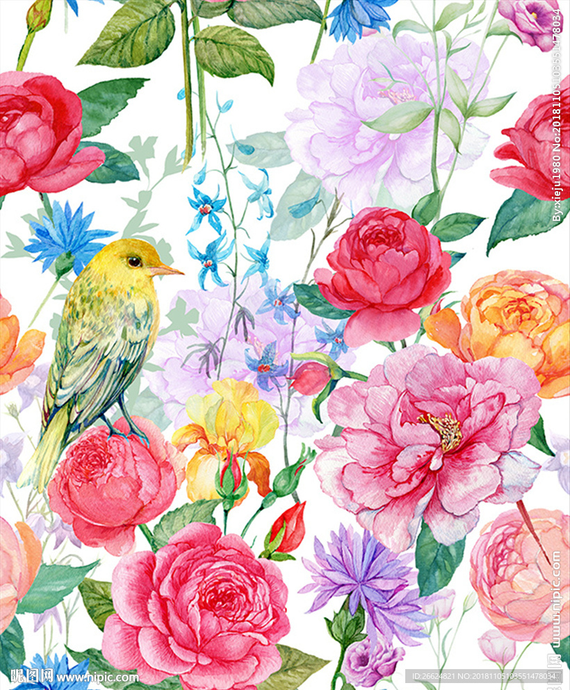 手绘水彩花卉花鸟服装印花图案