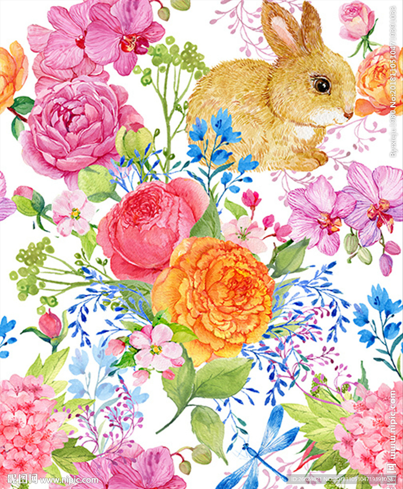 手绘水彩花卉兔子服装印花图案