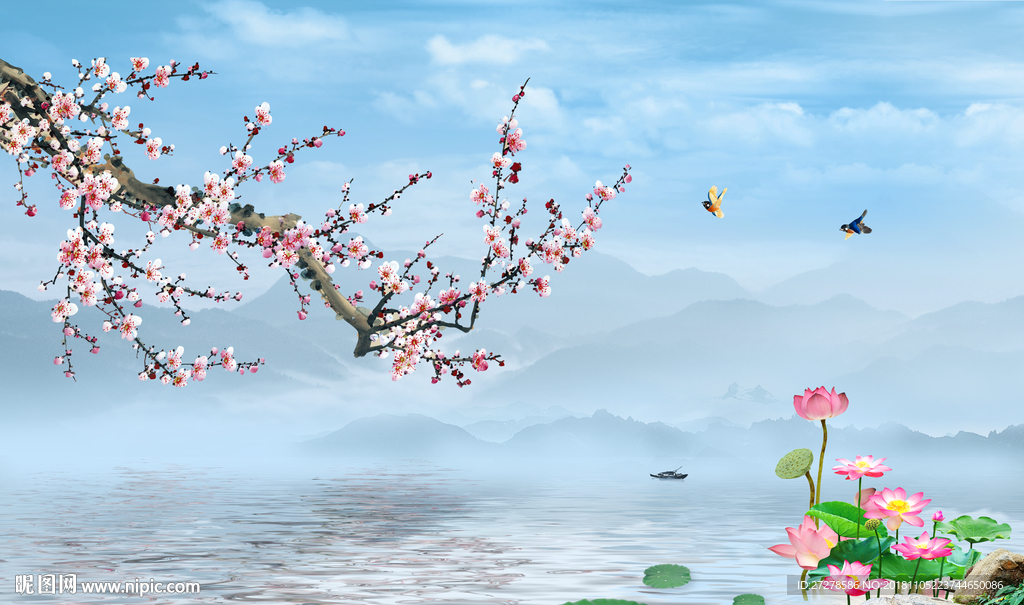 大型唯美桃花荷花山水画背景墙