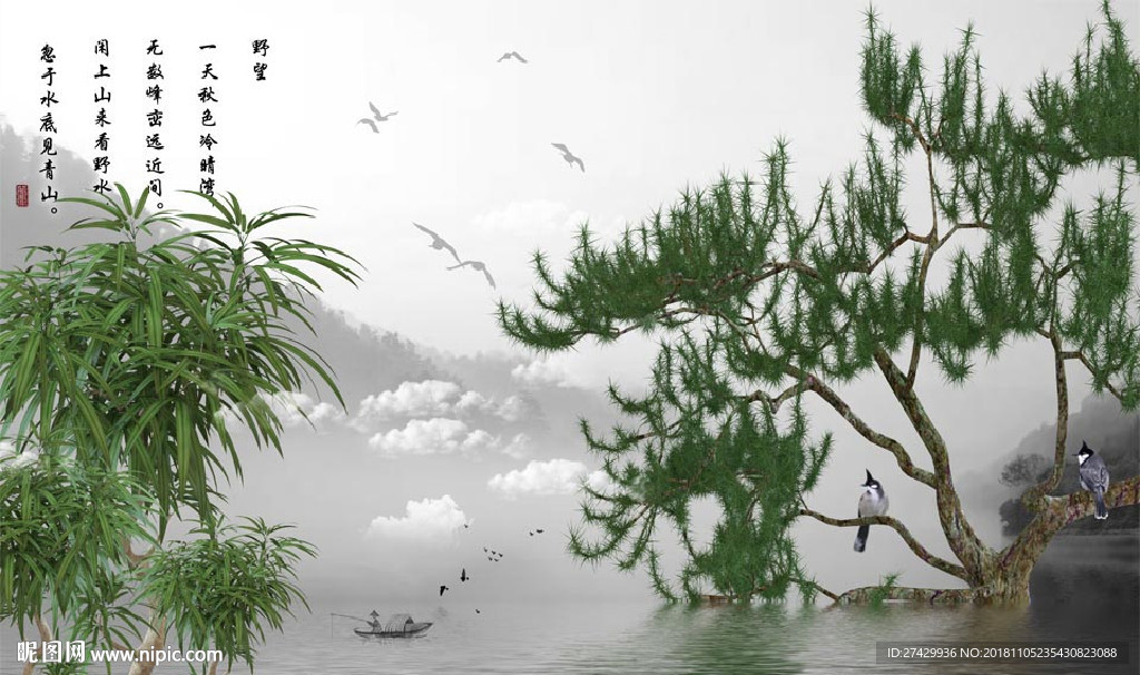 花鸟古树水墨山水新中式背景