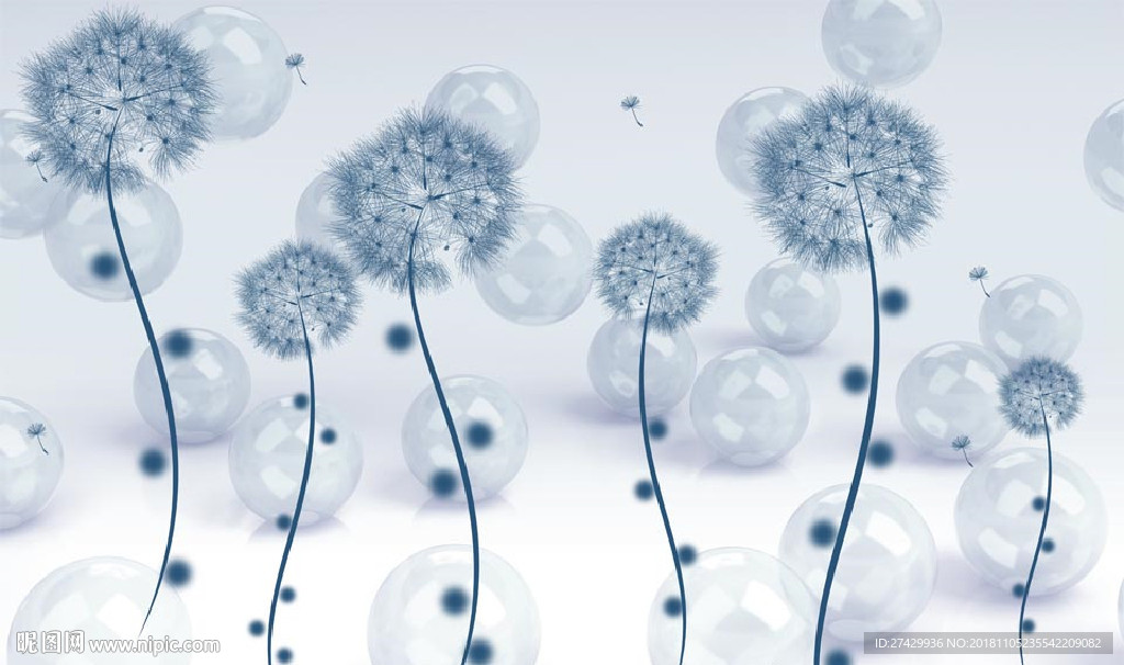 蒲公英立体圆球蓝色背景墙壁画