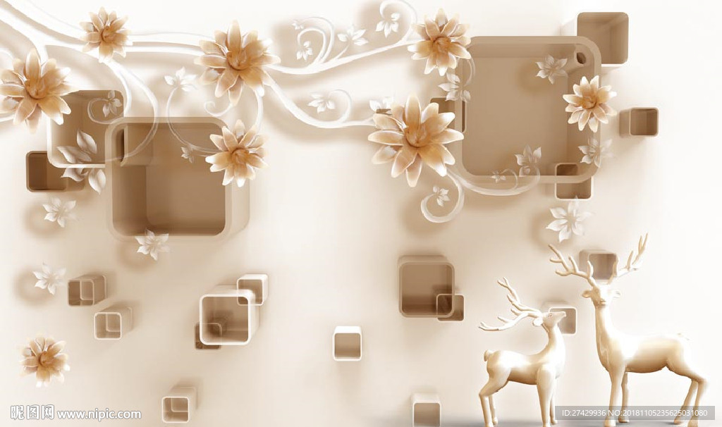 欧式花卉小鹿背景墙壁画
