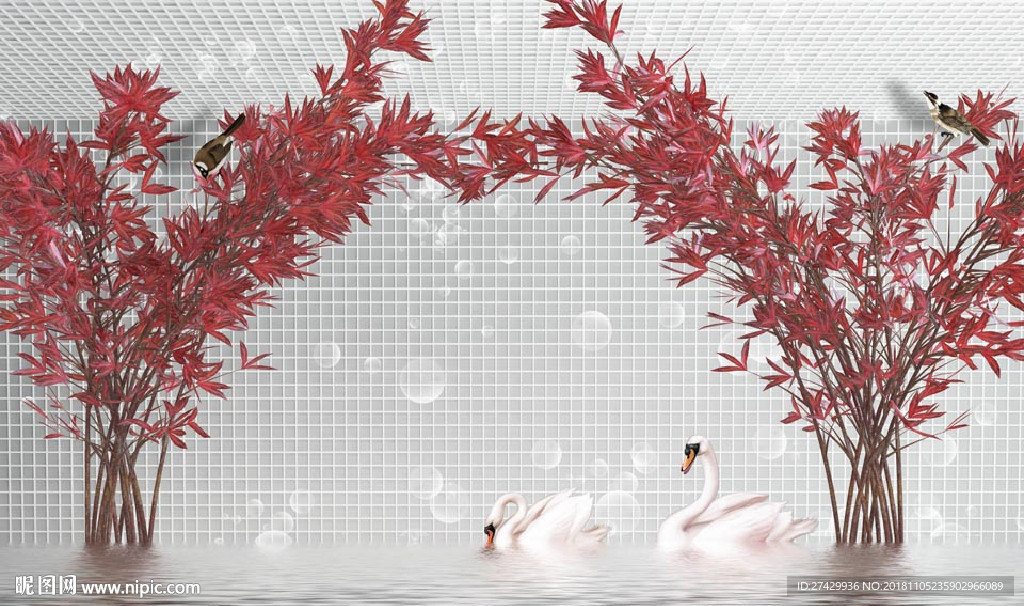 红枫树天鹅3D背景墙壁画