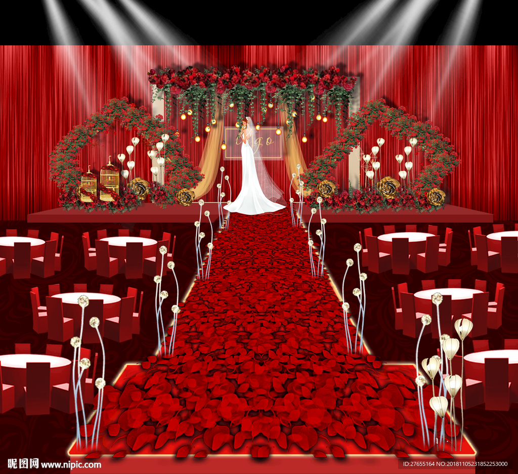 红色布幔花卉婚礼舞台