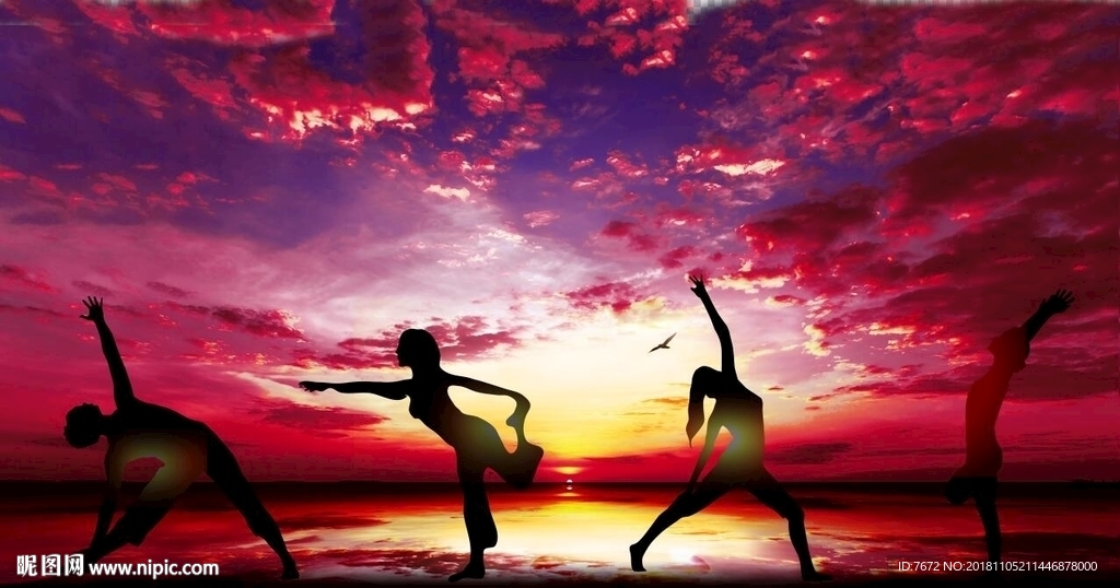 美女瑜伽剪影夕阳黄昏壁画壁纸
