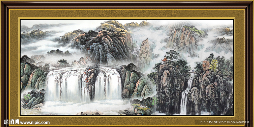 流水生财 高山流水 国画瀑布