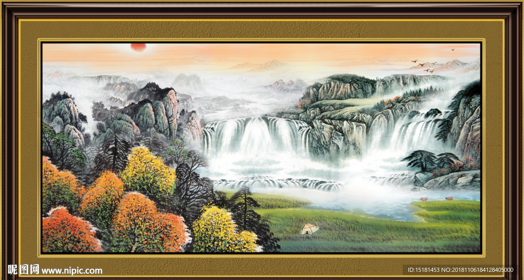 流水生财 高山流水 国画瀑布