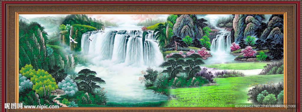 流水生财 高山流水 国画瀑布