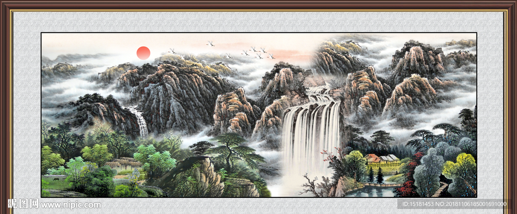 流水生财 高山流水 国画瀑布