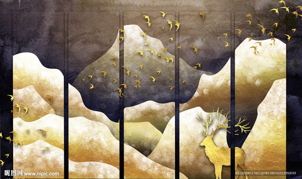 意境山水麋鹿大气山水背景墙