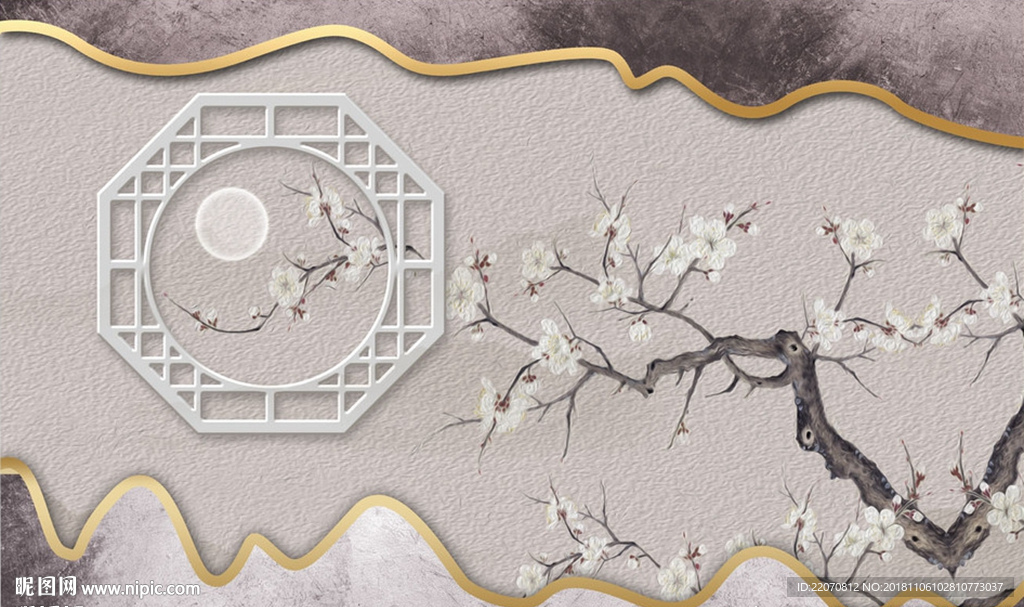 中式意境花枝窗格浅色创意背景墙