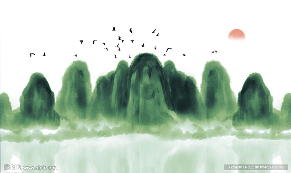 中式意境飞鸟水墨山水背景墙