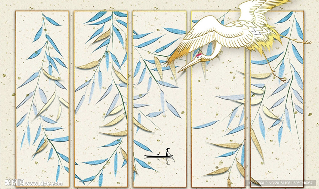 中式花鸟仙鹤背景墙