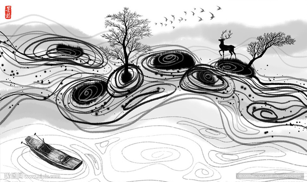 中式抽象线条水墨山水画背景墙