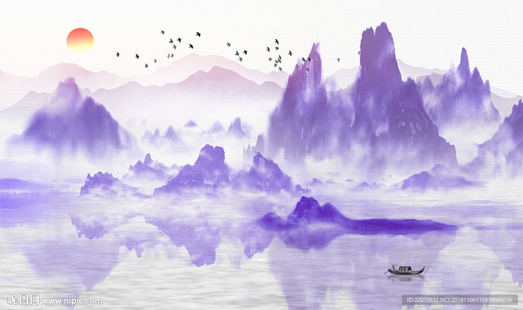 唯美意境风景水墨山水画背景墙