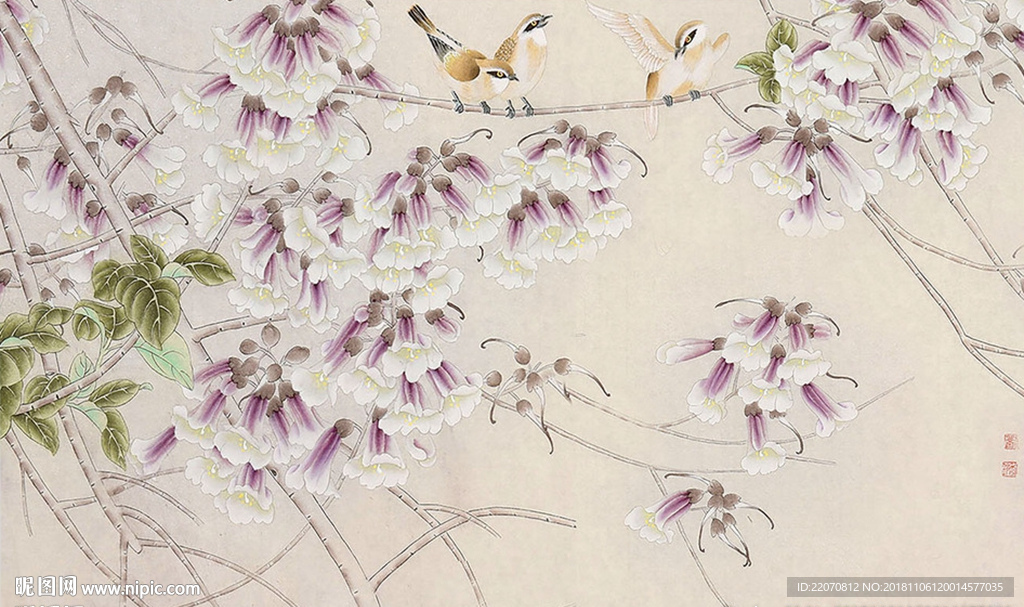 唯美简约水墨手绘工笔花鸟背景墙