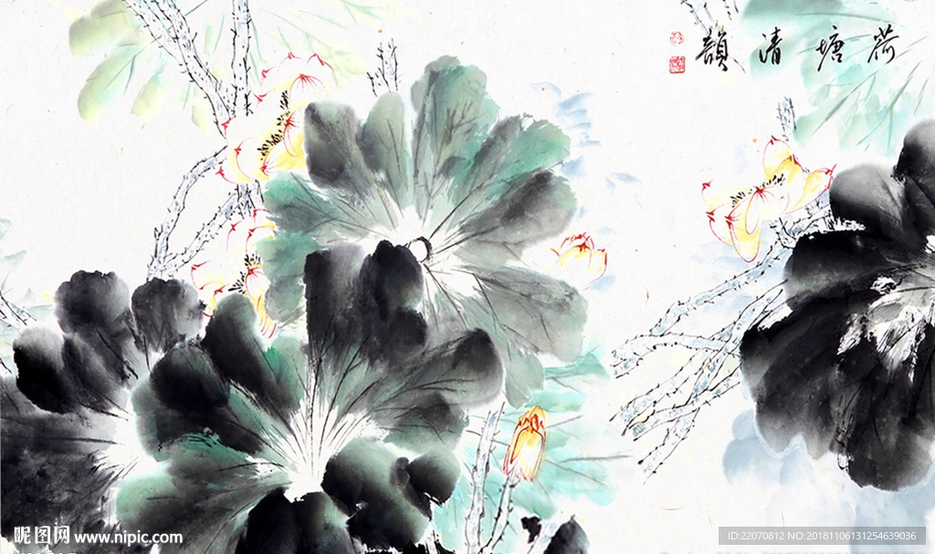 中国风水墨手绘荷塘清韵背景墙