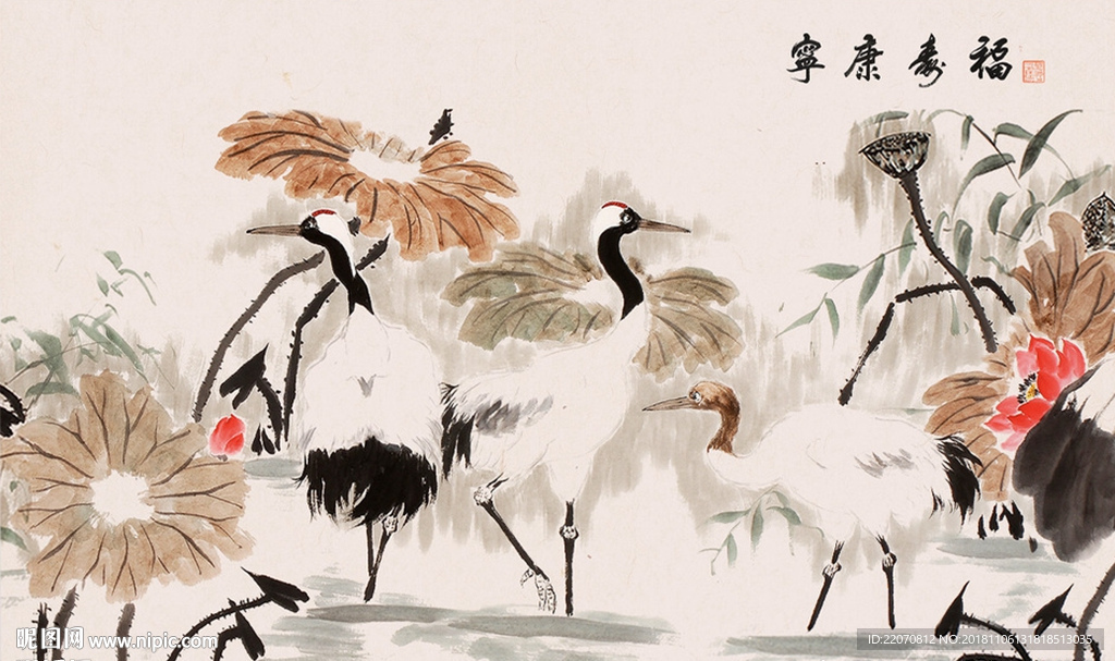 工笔画白鹤莲花背景墙