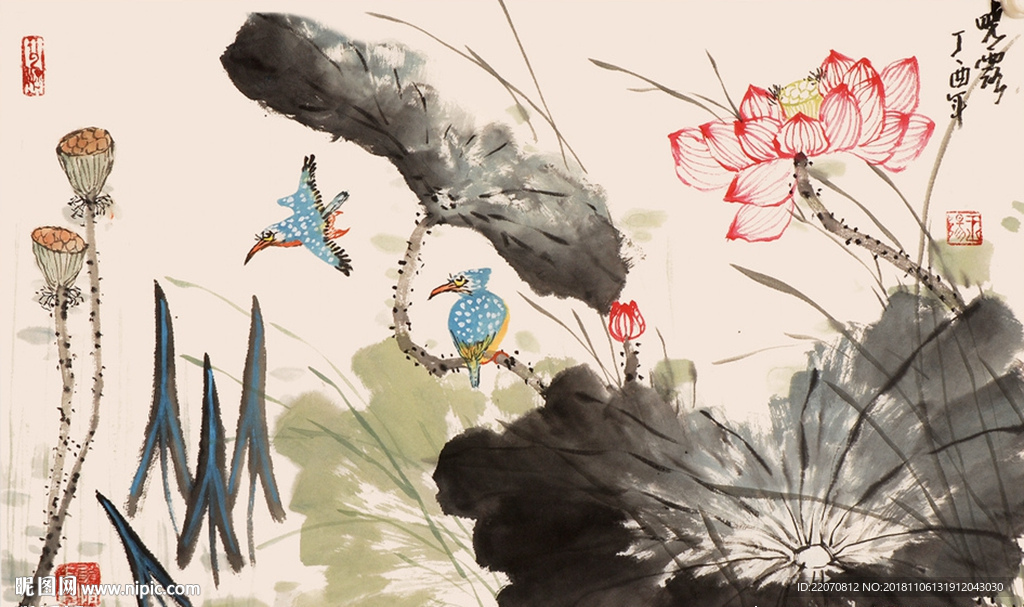 工笔花鸟荷花背景墙