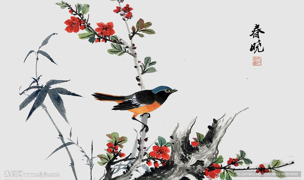 手绘工笔花鸟背景墙