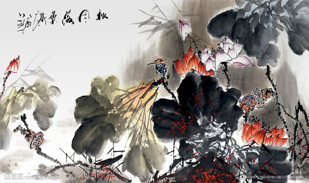 水墨手绘抽象荷花背景墙