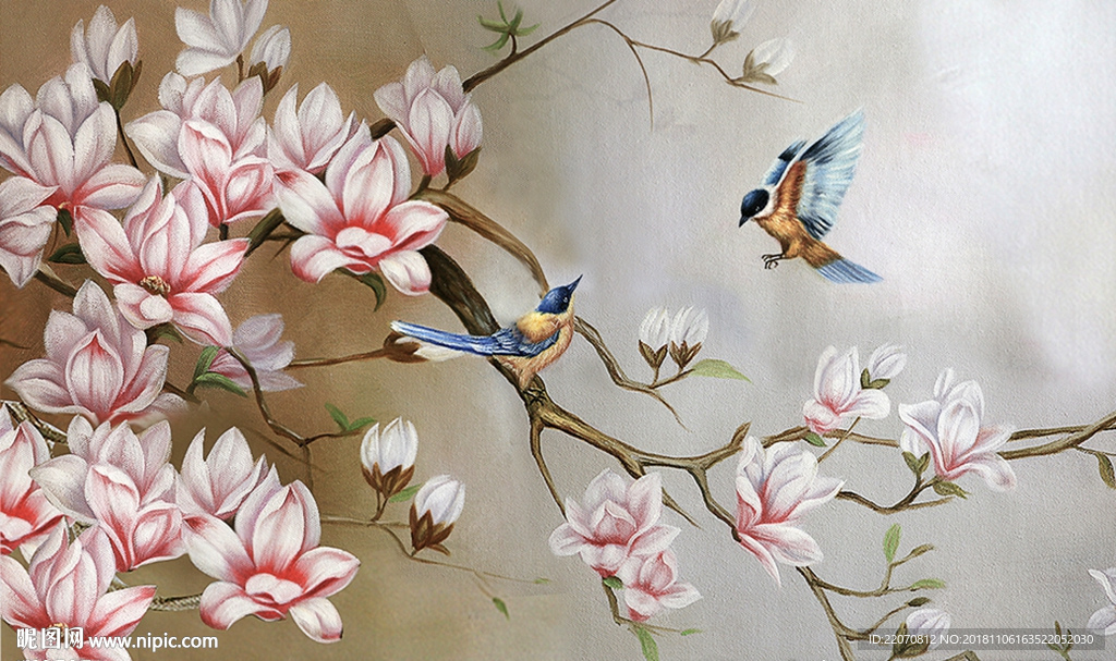 手绘花鸟玉兰花背景墙