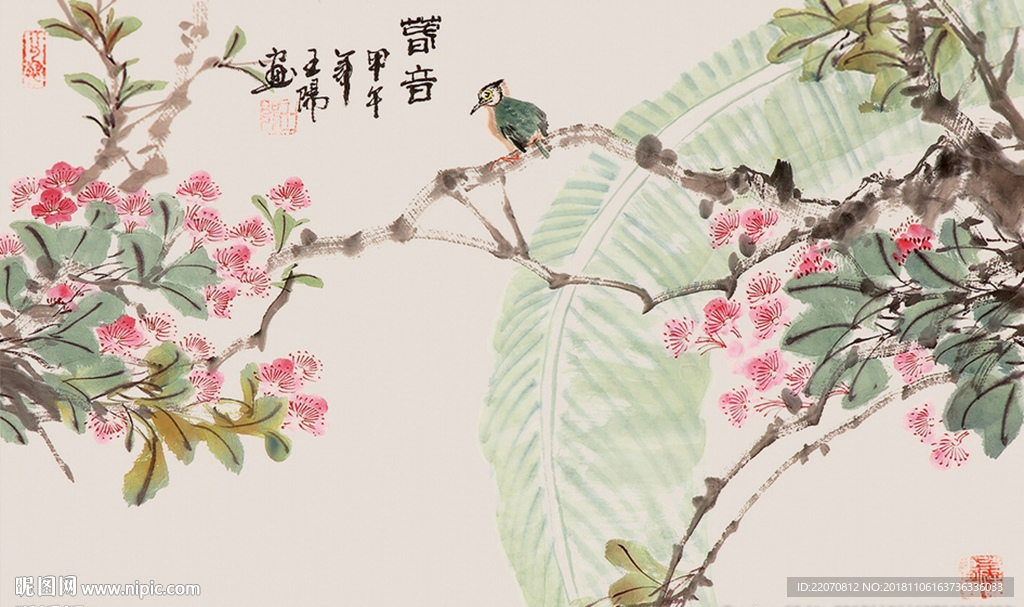 工笔手绘花鸟背景墙