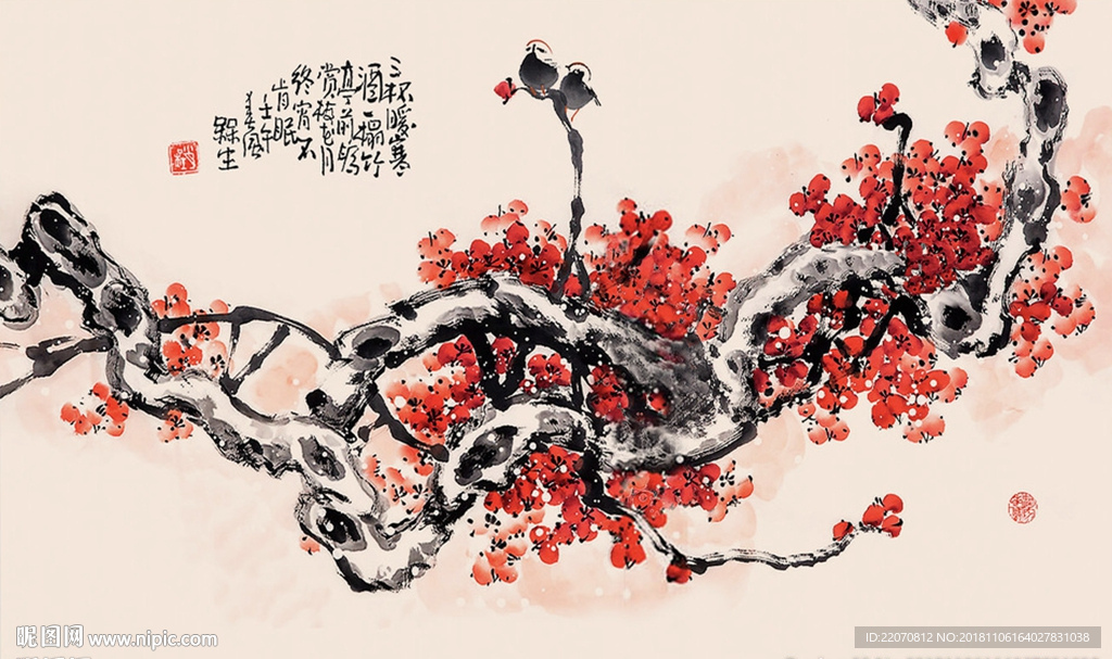 水墨工笔花鸟梅花背景墙