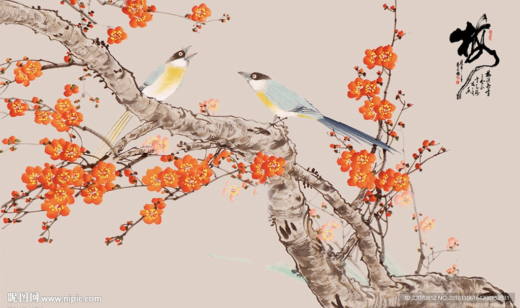 工笔国画花鸟梅花背景墙