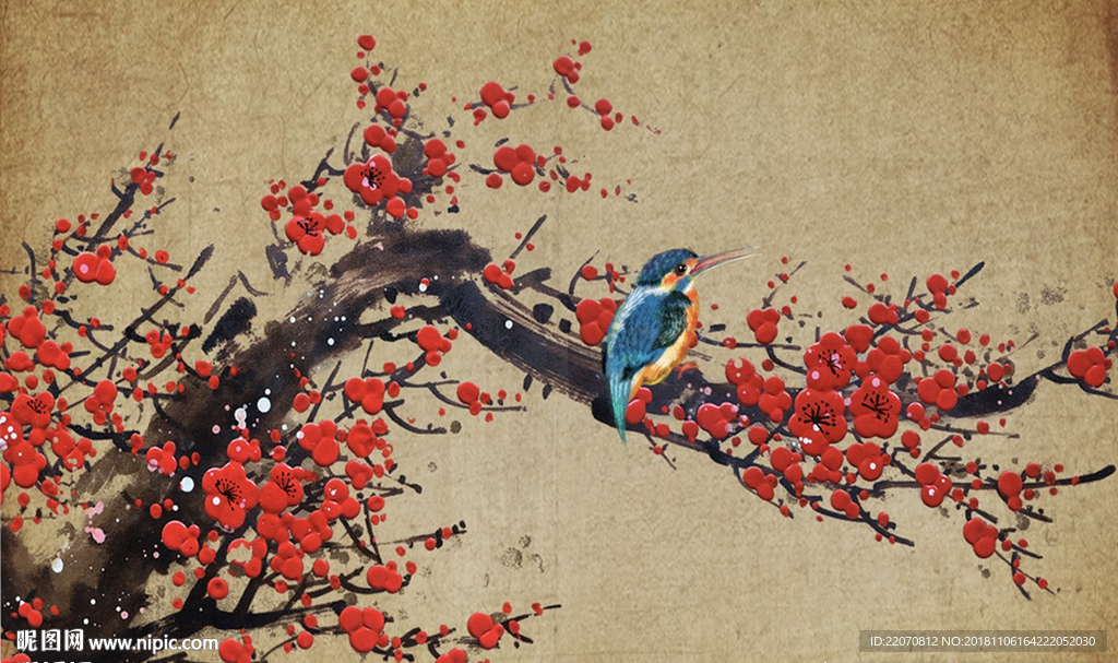 立体梅花花鸟背景墙
