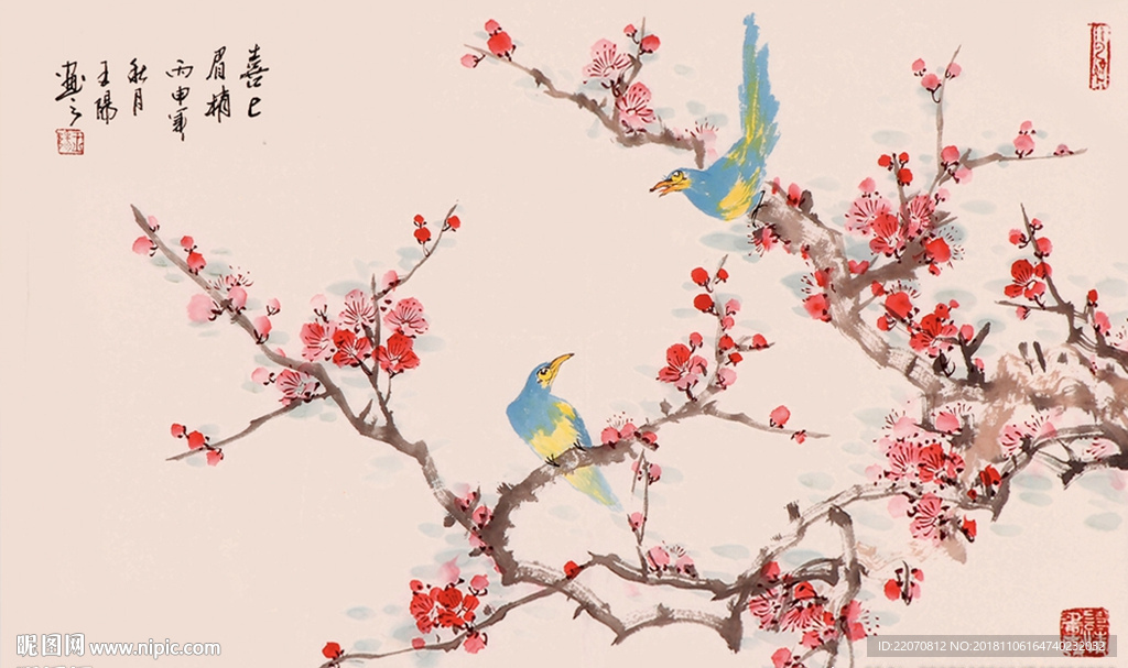 中国风手绘水墨花鸟背景墙