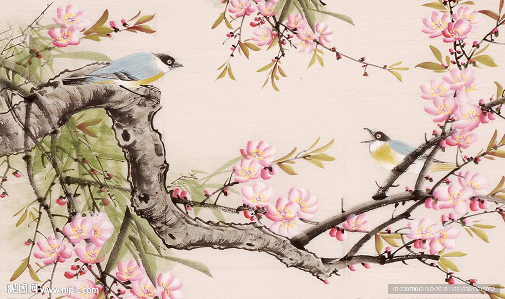 工笔画鸟语花香背景墙