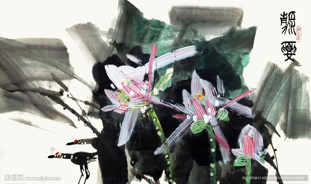 中国风手绘抽象荷花背景墙