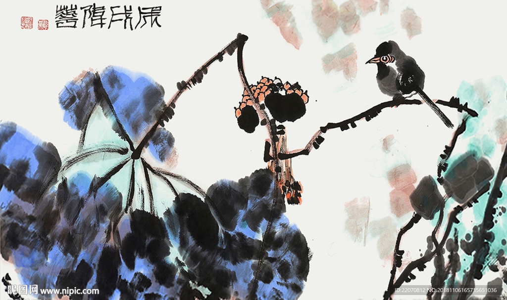 手绘花鸟荷花背景墙