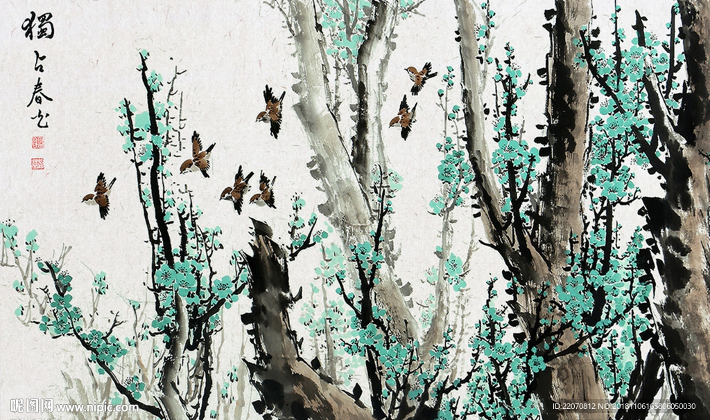 工笔花鸟梅花背景墙