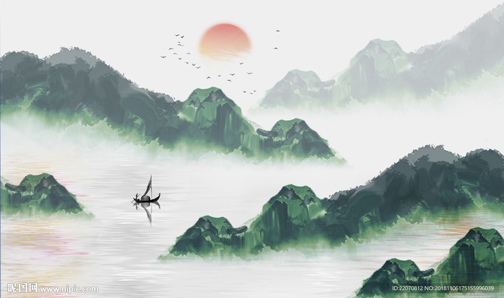 绿色水墨日出山水背景墙