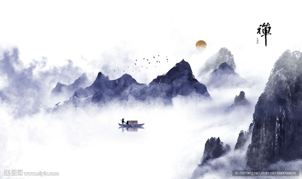 意境禅意水墨山水背景墙