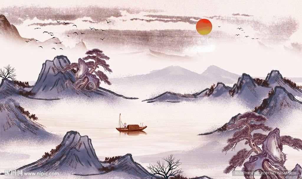 中式小船山水背景墙