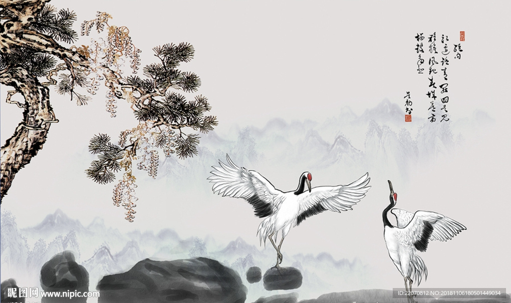 水墨山水松树仙鹤背景墙