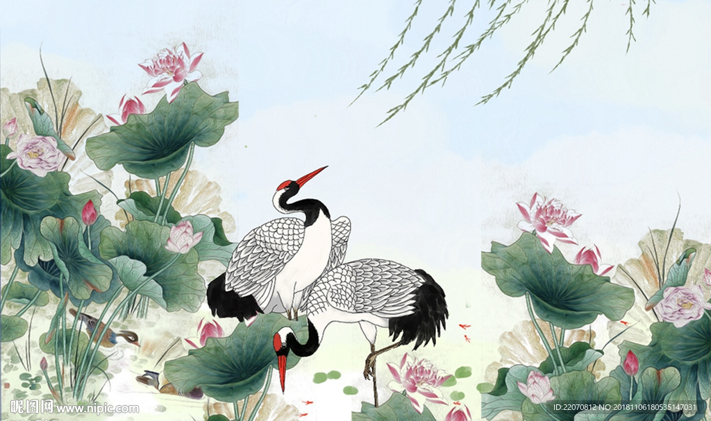 中式水墨荷花仙鹤背景墙
