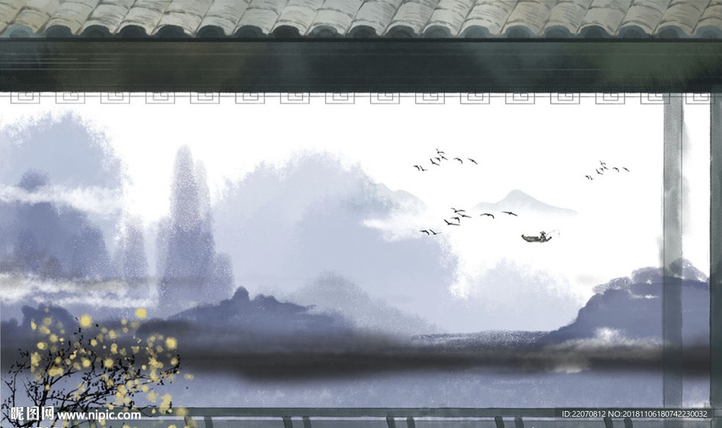 水墨风景画山水壁画背景墙