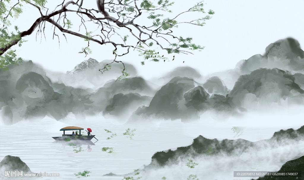 清新树枝山水背景墙